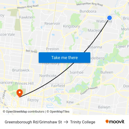 Greensborough Rd/Grimshaw St to Trinity College map