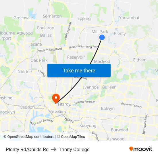 Plenty Rd/Childs Rd to Trinity College map