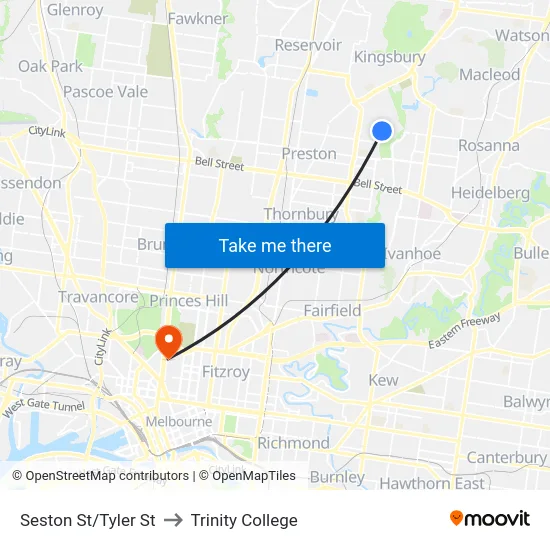 Seston St/Tyler St to Trinity College map