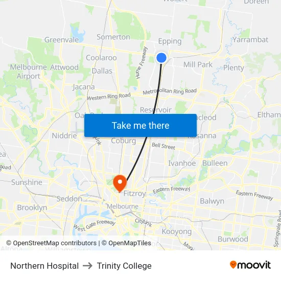 Northern Hospital to Trinity College map
