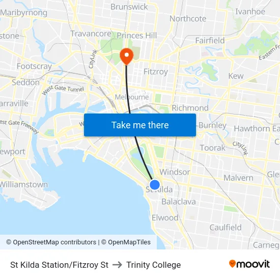 St Kilda Station/Fitzroy St to Trinity College map