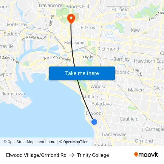 Elwood Village/Ormond Rd to Trinity College map