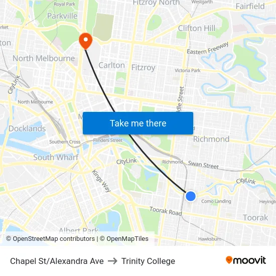 Chapel St/Alexandra Ave to Trinity College map
