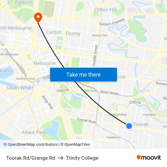 Toorak Rd/Grange Rd to Trinity College map