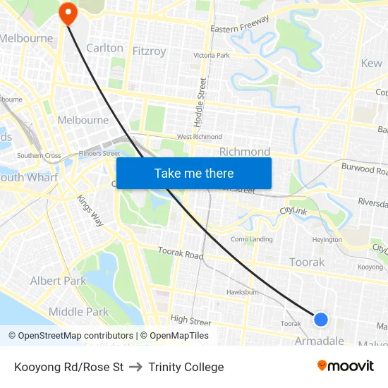 Kooyong Rd/Rose St to Trinity College map
