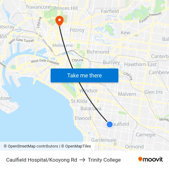 Caulfield Hospital/Kooyong Rd to Trinity College map