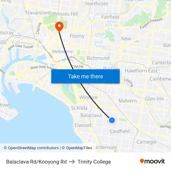 Balaclava Rd/Kooyong Rd to Trinity College map