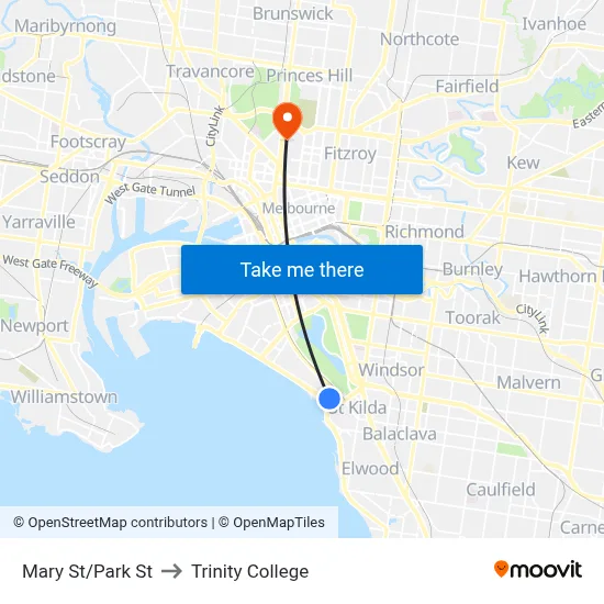 Mary St/Park St to Trinity College map
