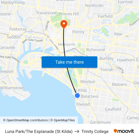 Luna Park/The Esplanade to Trinity College map