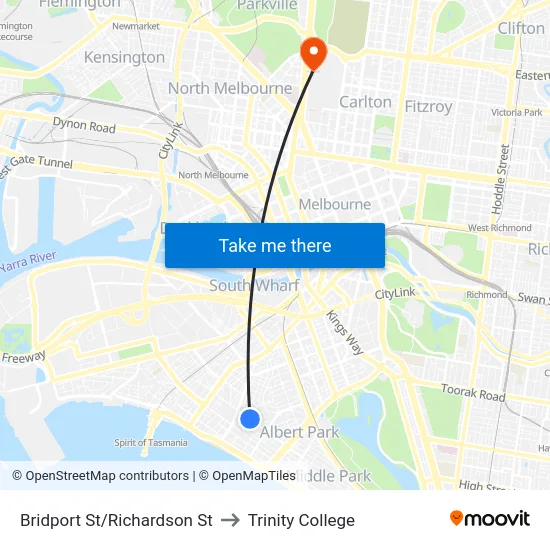 Bridport St/Richardson St to Trinity College map