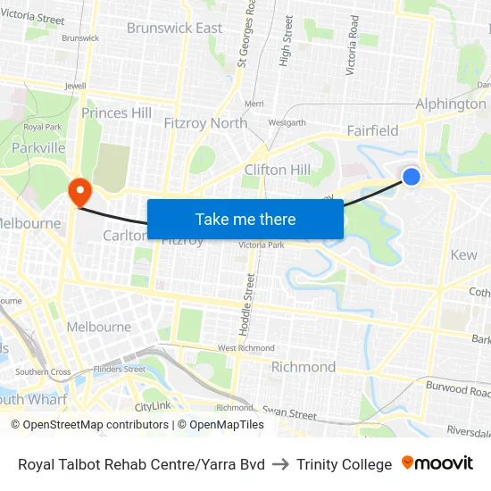 Royal Talbot Rehab Centre/Yarra Bvd to Trinity College map