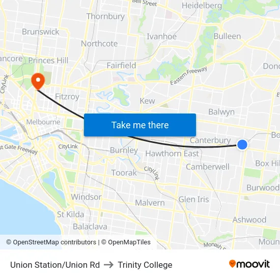Union Station/Union Rd to Trinity College map