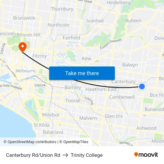 Canterbury Rd/Union Rd to Trinity College map