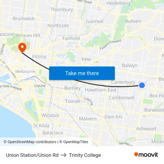 Union Station/Union Rd to Trinity College map