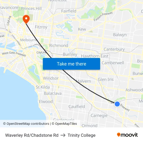 Waverley Rd/Chadstone Rd to Trinity College map