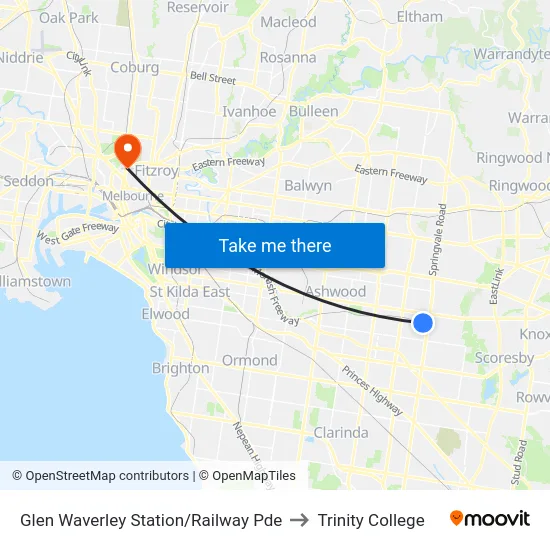 Glen Waverley Station/Railway Pde to Trinity College map