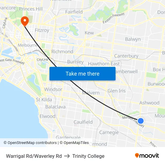 Warrigal Rd/Waverley Rd to Trinity College map