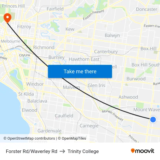Forster Rd/Waverley Rd to Trinity College map