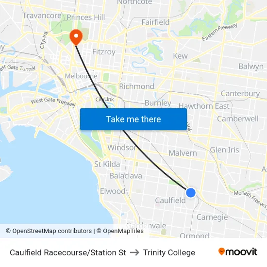 Caulfield Racecourse/Station St to Trinity College map