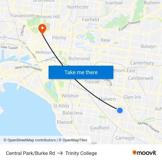 Central Park/Burke Rd to Trinity College map