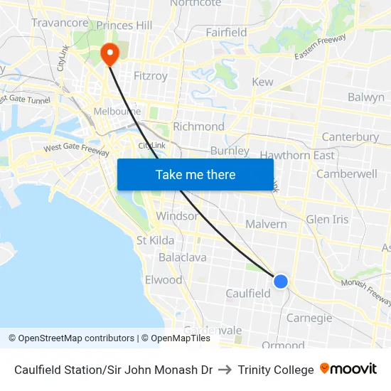 Caulfield Station/Sir John Monash Dr to Trinity College map