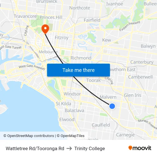 Wattletree Rd/Tooronga Rd to Trinity College map