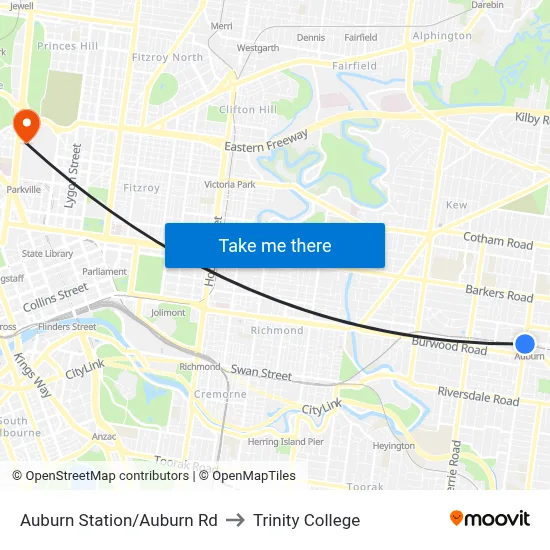 Auburn Station/Auburn Rd to Trinity College map