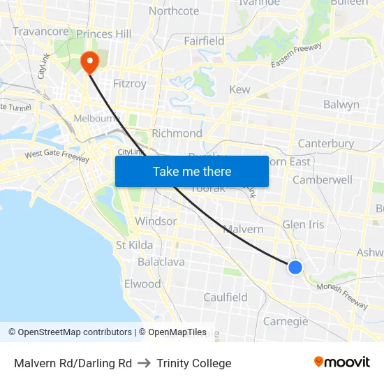 Malvern Rd/Darling Rd to Trinity College map