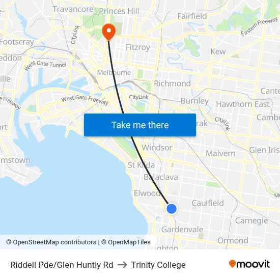 Riddell Pde/Glen Huntly Rd to Trinity College map