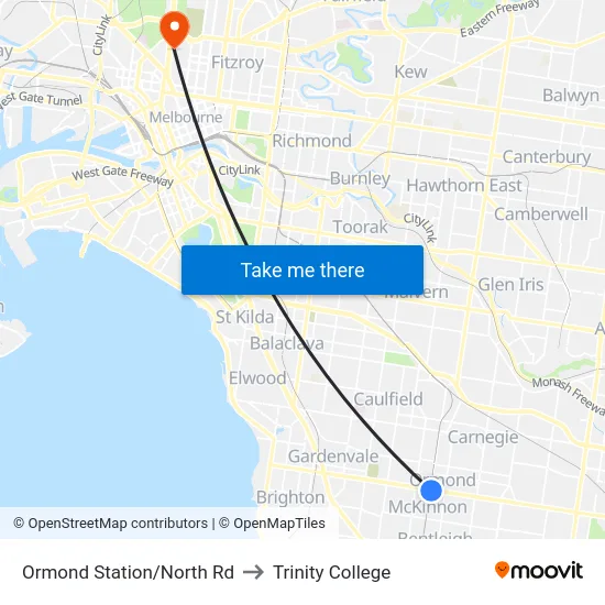 Ormond Station/North Rd to Trinity College map