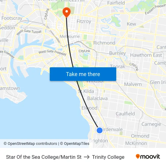 Star Of the Sea College/Martin St to Trinity College map