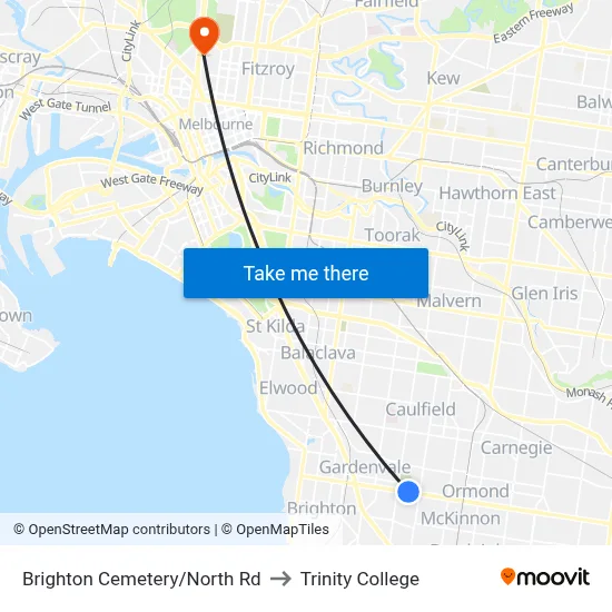 Brighton Cemetery/North Rd to Trinity College map