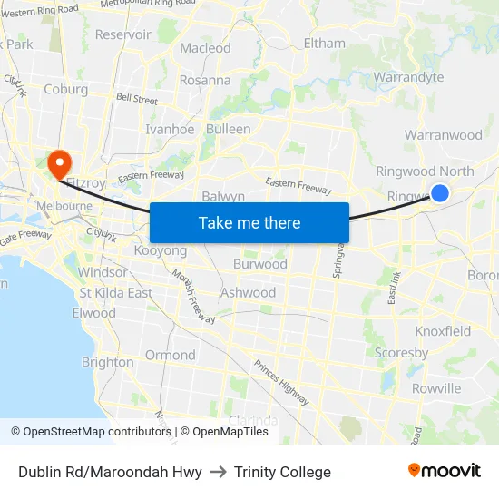 Dublin Rd/Maroondah Hwy to Trinity College map