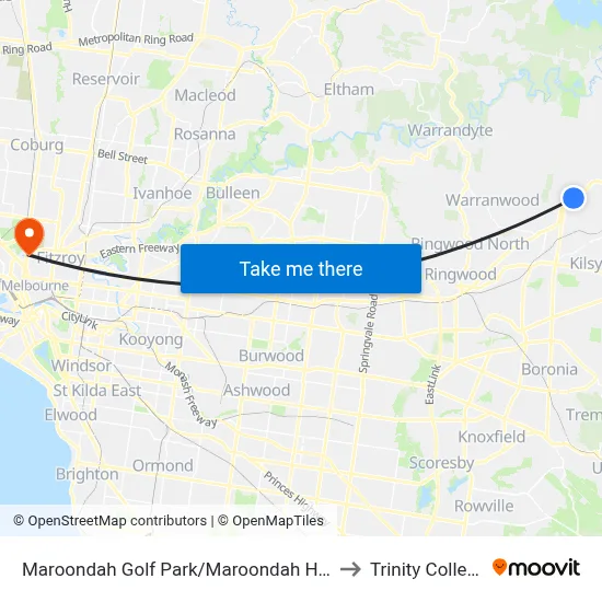 Maroondah Golf Park/Maroondah Hwy to Trinity College map