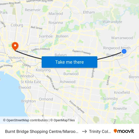 Burnt Bridge Shopping Centre/Maroondah Hwy to Trinity College map