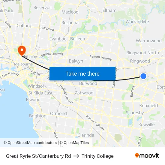 Great Ryrie St/Canterbury Rd to Trinity College map