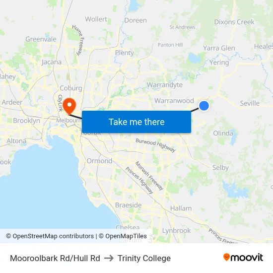 Mooroolbark Rd/Hull Rd to Trinity College map