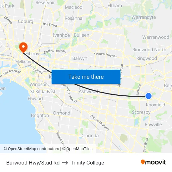 Burwood Hwy/Stud Rd to Trinity College map