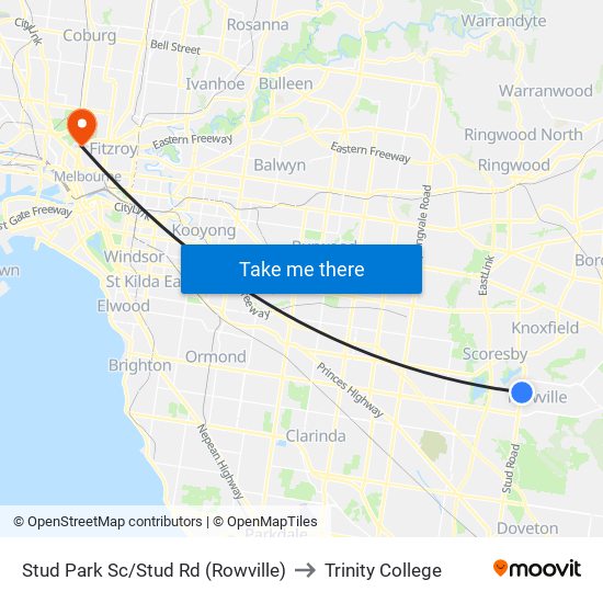 Stud Park Sc/Stud Rd (Rowville) to Trinity College map