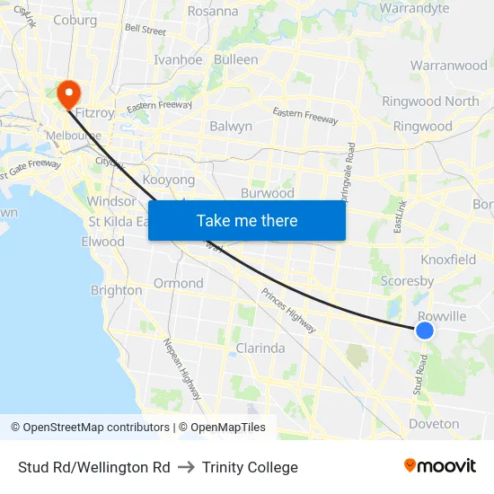 Stud Rd/Wellington Rd to Trinity College map