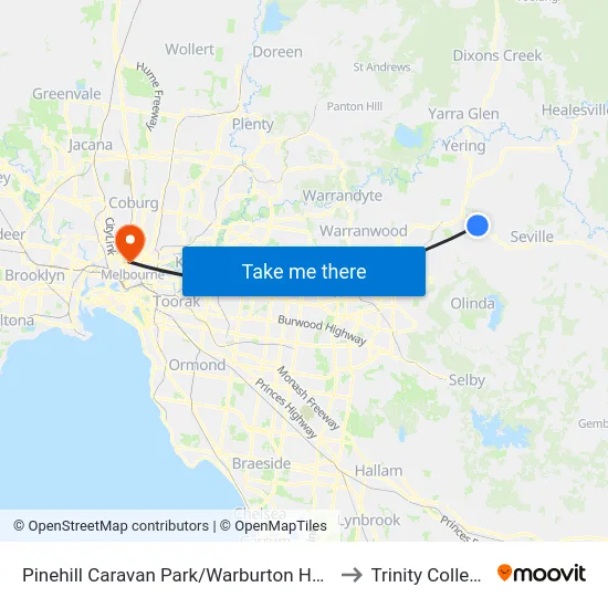 Pinehill Caravan Park/Warburton Hwy to Trinity College map
