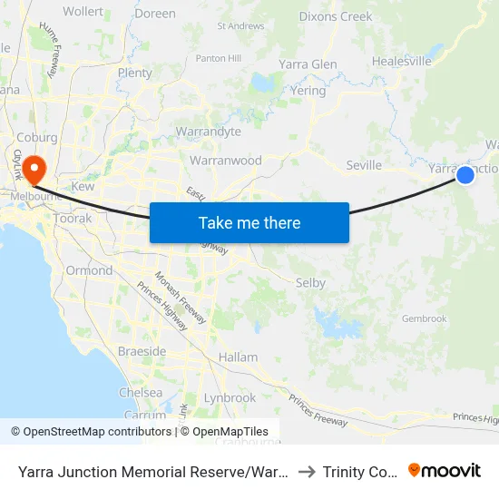 Yarra Junction Memorial Reserve/Warburton Hwy to Trinity College map