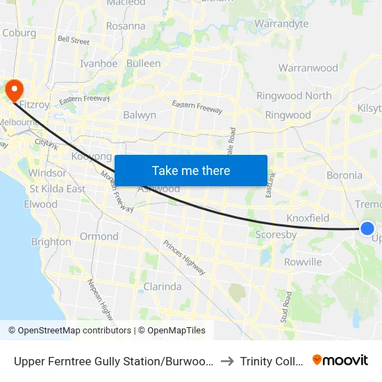 Upper Ferntree Gully Station/Burwood Hwy to Trinity College map