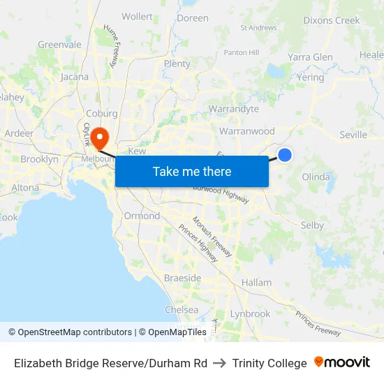 Elizabeth Bridge Reserve/Durham Rd to Trinity College map