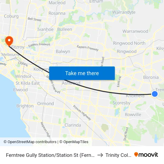 Ferntree Gully Station/Station St to Trinity College map