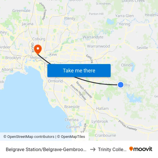 Belgrave Station/Belgrave-Gembrook Rd to Trinity College map