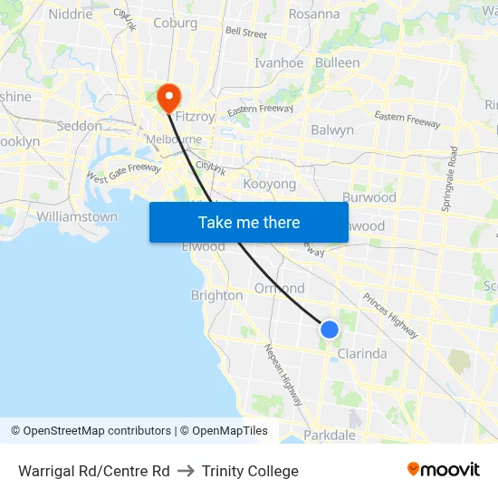 Warrigal Rd/Centre Rd to Trinity College map