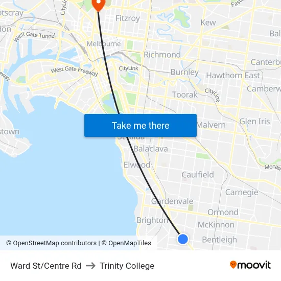 Ward St/Centre Rd to Trinity College map