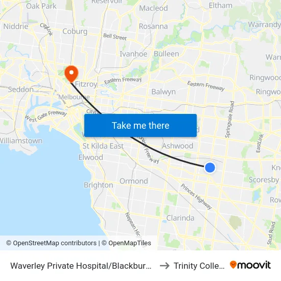 Waverley Private Hospital/Blackburn Rd to Trinity College map