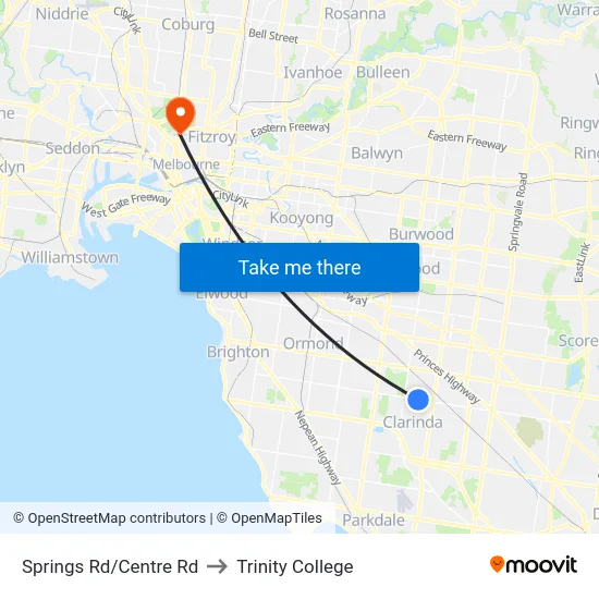 Springs Rd/Centre Rd to Trinity College map